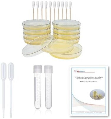 مجموعة علوم البكتيريا من Ez Bioresearch: ألواح أجار رطل مصبوبة مسبقًا ومسحات قطنية، كتاب إلكتروني لمشروع معرض العلوم مع تجارب حائزة على جوائز