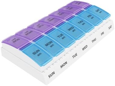 إيزي دوز، صندوق حبوب السفر الأسبوعي (7 أيام) صباحًا ومساءً، منظم الفيتامينات والأدوية، مقصورات صغيرة، مرتين في اليوم، ألوان متنوعة