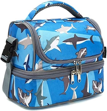 Flowfly Kids Double Decker Cooler Insulated Lunch Bag Large Tote For Boys, Girls, Men, Women, With Adjustable Strap, Shark