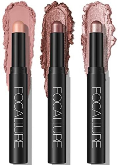 مجموعة من 3 قطع من عصا ظلال العيون الكريمية من فوكالور، منير عيون لامع ولامع، قلم رصاص وردي فاتح إلى داكن، مكياج هايلايتر لظلال العيون يدوم طويلاً، مخلفات الورد