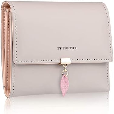 محافظ Ft Funtor Rfid للنساء، حامل بطاقات أوراق شجر محافظ للسيدات ثلاثية الطي عملات معدنية وجيب بسحاب مع نافذة لبطاقة الهوية، مقاس صغير رمادي