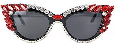 نظارات شمسية ريترو كات آي للنساء من الأشعة فوق البنفسجية 400، نظارات شمسية بأحجار الراين اللامعة (أحمر)، أحمر، متوسط