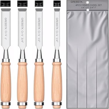 مجموعة إزميل الخشب الاحترافية من Grebstk مع حقيبة أكسفورد للأعمال الخشبية، إزميل فولاذي Cr-V، إزميل خشب مريح بمقبض زان، 4 قطع