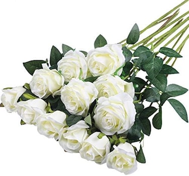 12Pcs Artificial Silk Flowers Realistic Roses Bouquet Long Stem For Home Wedding Decoration Party (White -2)