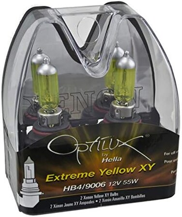 Hella Optilux H71070602 Xy Series Hb4 9006 مصابيح هالوجين صفراء زينون، 12 فولت، 55 وات، عبوتان