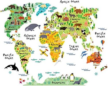 Homeevolution Large Kids Educational Animal Landmarks World Map Peel &amp; Stick Wall Decals Stickers Home Decor Art For Living Room