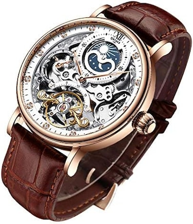 Ik Colouring Bestn Wristwatches For Men Self-Winding Allochroic Luminous Hands Skeleton Mechanical Black Watch Leather Brown