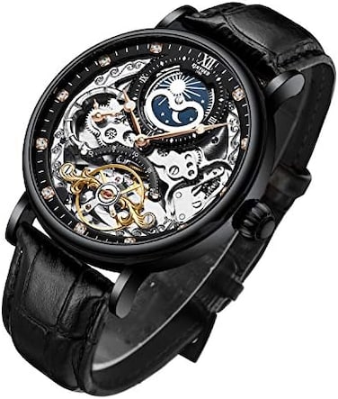 Ik Colouring Bestn Wristwatches For Men Self-Winding Allochroic Luminous Hands Skeleton Mechanical Black Watch Leather Black①