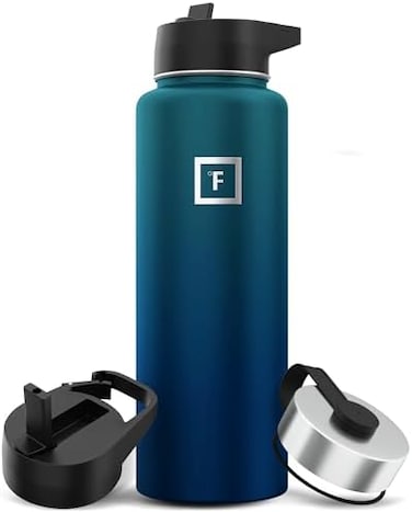 زجاجة مياه رياضية Iron ° Flask - 40 أونصة، 3 أغطية (غطاء من القش)، مقاومة للتسرب، من الفولاذ المقاوم للصدأ المعزول بالفراغ، جدار مزدوج، كوب حراري، مقصف معدني