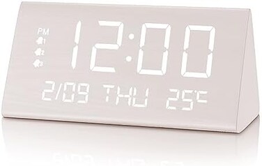 ساعة منبه رقمية من Jall، مع شاشة عرض LED إلكترونية خشبية، 3 إعدادات تنبيه، وضع أيام الأسبوع/عطلة نهاية الأسبوع، كشف درجة الحرارة، ساعات كهربائية مصنوعة من الخشب للمكتب وغرفة النوم بجانب السرير