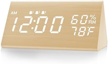 ساعة منبه رقمية من Jall، مع شاشة عرض LED إلكترونية خشبية، 3 إعدادات منبه، كشف الرطوبة ودرجة الحرارة، ساعات كهربائية مصنوعة من الخشب لغرفة النوم، بجانب السرير (أصفر)