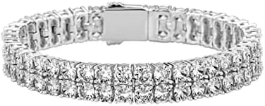 Jinao Hip Hop Silver 2 Rows Cubic Zirconia Tennis Bracelet 14K Gold Plated Iced Out Bling Lab Simulated Diamond Tennis Wrist Chain Jewelry For Men Women (Silver)