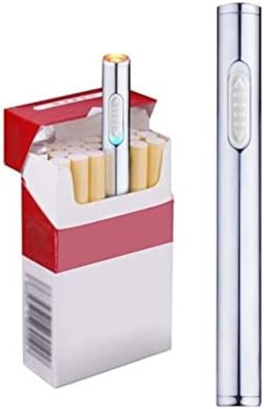 ولاعات نحيفة، ولاعة كهربائية USB قابلة لإعادة الشحن ومقاومة للرياح وعديمة اللهب ولاعة سجائر صغيرة محمولة بدون ولاعة غاز (فضي)