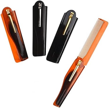 Kare &amp; Kind Folding Pocket Comb For Men - 4 Pc Fine Tooth Comb (2 Brown And 2 Black Set) - For Styling Hair, Mustache, Beard - Men's Grooming - Ideal Gift