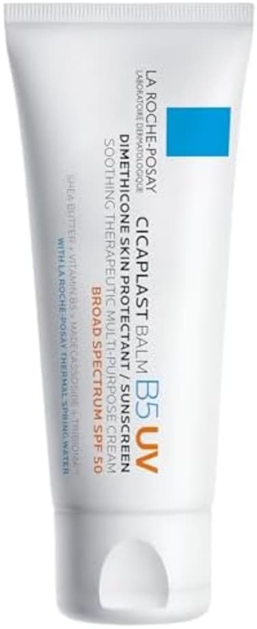 La Roche-Posay Cicaplast Balm B5 UV SPF 50, Vitamin B5 + Shea Butter + Tribioma + Madecassoside + Zinc Oxide Sunscreen, Post Treatment Skin Protectant With SPF, Multi-Purpose Cream For Dry Skin