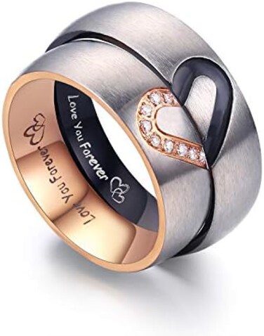 Lavumo Matching Promise Rings For Couples Love You Forever Wedding Bands Sets For Him And Her Half Heart Rings Stainless Steel 6mm With Box Comfort Fit, Metal Crystal Rhinestone, Cubic Zirconia