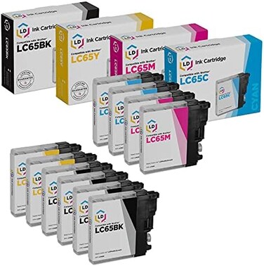 خرطوشة حبر بديلة متوافقة مع Ld لـ Brother Lc65 عالية الإنتاجية (4 أسود، 2 سماوي، 2 أرجواني، 2 أصفر، 10 عبوات)