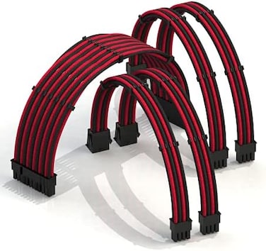 Psu Cable Extension Sleeved Custom Mod Gpu Pc Power Supply Braided W/Comb Kit, 1X 24 P (20+4), 2X 8 P (4+4) Cpu, 2X 8 P (6+2) Gpu Set, 30Cm 300mm - Redblack