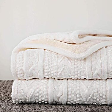 Longhui Bedding Acrylic White Cable Knit Sherpa Throw Blanket - Thick, Soft, Big, Cozy Ivory White Knitted Fleece Blankets For Couch, Sofa, Bed - Large 60 X 80 Inches Ivory White Coverlet, 5.2 Pounds