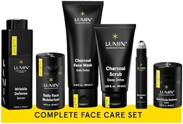 مجموعة هدايا لومين الكاملة للعناية بالبشرة للرجال: مجموعة مكونة من 6 قطع للمساعدة في انسداد المسام والهالات السوداء والخطوط الدقيقة والتجاعيد والجفاف وندبات حب الشباب - احصل على أفضل مظهر لك مع