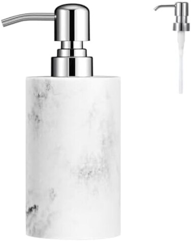 موزع صابون، زجاجات مضخة صابون سائل لوشن رخامي على شكل أسطواني، حاوية شامبو قابلة لإعادة الملء، وعاء راتينج لصابون اليد للحمام والمطبخ - رخام أبيض