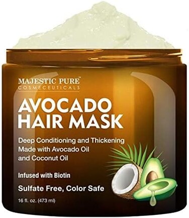 Majestic Pure Avocado And Coconut Hair Mask For Dry Damaged Hair - Infused With Biotin - Deep Conditioning, Hair Thickening, For Healthy Hydrated Hair, Sulphate Free, 470ml