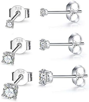 Masop Vogu Hypoallergenic Sterling Silver Cubic Zirconia Cz Stud Earrings Set For Womens Mens, 3 Pairs Small Round Simulated Diamond Studs For Cartilage Tragus Multi Piercing Ears 2mm / 3mm / 4mm