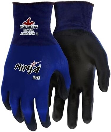 Memphis Gloves Mcr Safety Large Ninja Lite 18 Gauge Black Latex Free Polyurethane Palm And Fingertips Coated Work Gloves With Blue Athletic Grade Nylon Liner And Knit Wrist (N9696L)