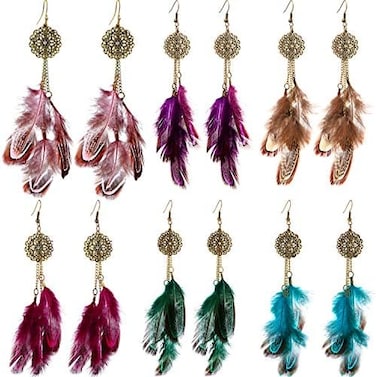 6 Pairs Women Faux Feather Earrings Dream Catcher Earring Bohemian Fringe Tassel Long Drop Dangle Earrings Set With Design For Women