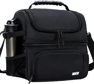 حقيبة غداء مزدوجة الحجرة مع حزام كتف للرجال والنساء، حقيبة تبريد معزولة مانعة للتسرب، باللون الأسود