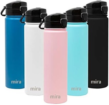 زجاجة مياه من الفولاذ المقاوم للصدأ من ميرا - قارورة حرارية معدنية معزولة بالفراغ المائي تحافظ على البرودة لمدة 24 ساعة، ساخنة لمدة 12 ساعة - خالية من مادة BPA بغطاء فوهة بلمسة واحدة - 24 أونصة وردي