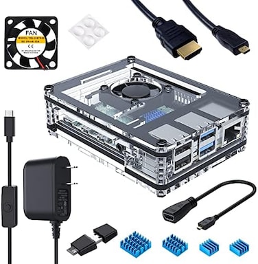 حافظة Miuzei Raspberry Pi 4 مزودة بمصدر طاقة 5V 3A USB-C ومروحة تبريد و3 × أحواض حرارة لـ Raspberry Pi 4 Model B (لوحة Pi 4 غير متضمنة) مع كابل HDMI Mc13-4L-F