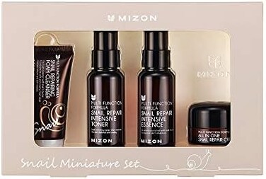 Mizon Snail Skincare Best Sellers Set - Mini Sized Snail Foam Cleanser, Toner, Essence, And All In One Facial Cream To Improve Skin Tone, Fine Wrinkles, Smooth, Moisturizing Care, Daily Snail Routine