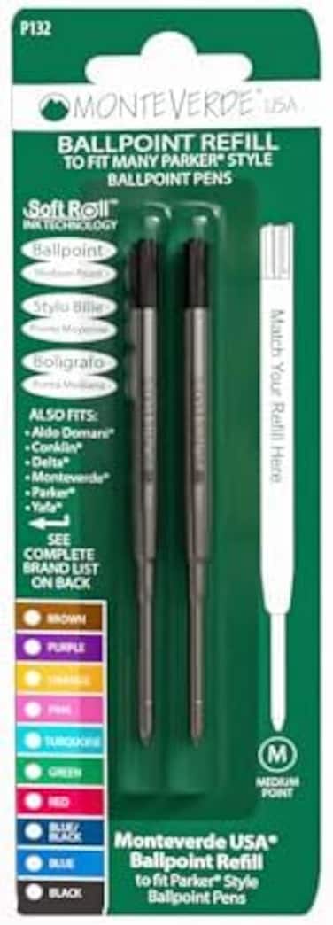 Monteverde Ballpoint Refill To Fit Parker Ballpoint Pens, Medium Point, Soft Roll, Black, 2 Per Pack (P132Bk)