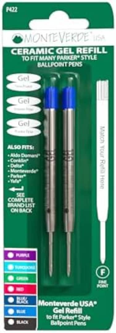 Monteverde Capless Gel Ballpoint Refill To Fit Parker Ballpoint Pens, Fine Point, Blue, 2 Per Pack (P422Bu)