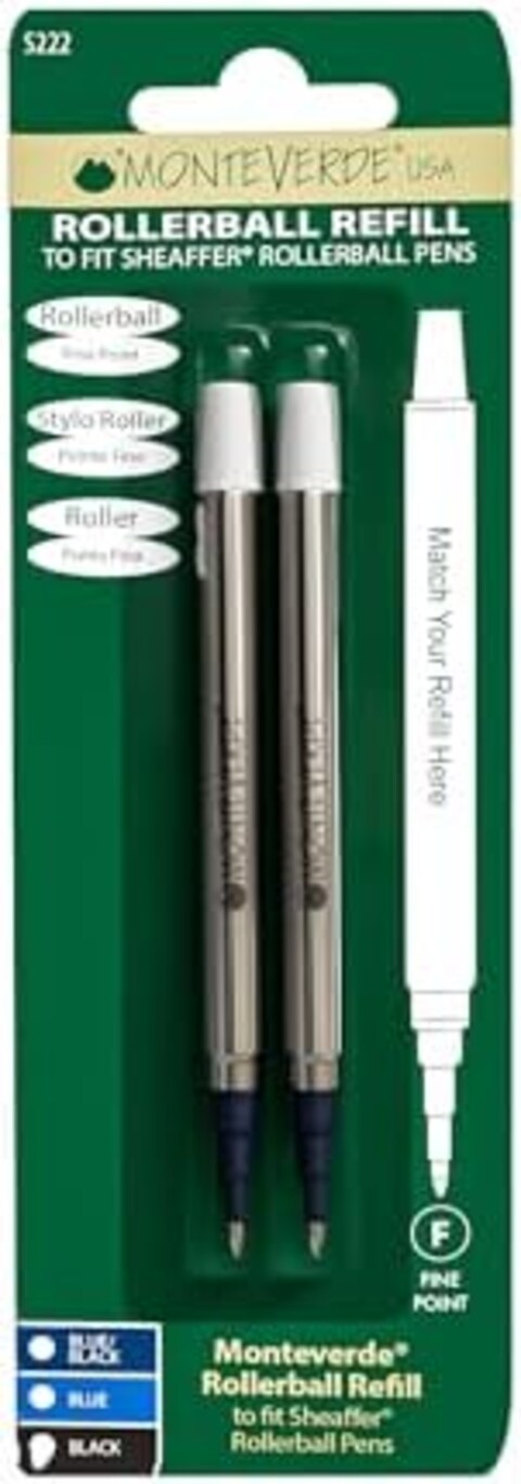 إعادة تعبئة كرة دوارة Monteverde لتناسب أقلام Sheaffer Rollerball، نقطة دقيقة، أزرق أسود، 2 في كل عبوة (S222Bb)