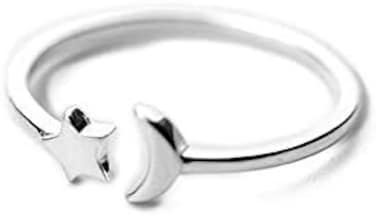 Crescent Moon Star Thin Minimalist Cute 925 Sterling Silver Engagement Tiny Open Tail Rings Dainty Adjustable Finger Promise Statement Small Ring Jewelry Gifts For Birthday Women Daughter