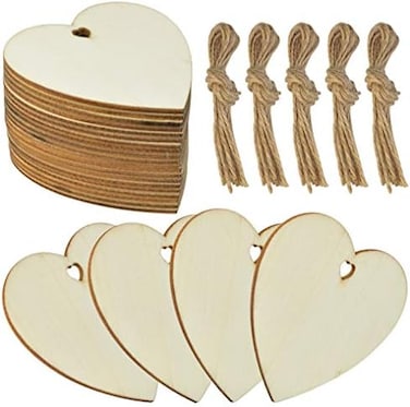50 Pieces 7.6 Cm Natural Heart Wood Slices, DIY Wooden Ornaments Unfinished Predrilled Wooden Heart Embellishments With Natural Twine For Valentine's Day, Wedding, Thanksgiving, Christmas