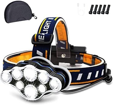 Rechargeable Headlamp, 8 LED Headlamp Flashlight 18000 Lumen 8 Modes With White Red Lights USB Cable 2 Batteries, Waterproof Head Lamp For Outdoor Camping Cycling Running Fishing