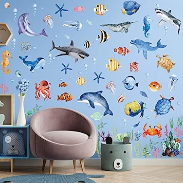 Outus 149 Pieces Ocean Animals Wall Decals Jellyfish Wall Stickers Removable Fish Under Sea View Animals Peel And Sticks Wall Art Decor For Kids Baby Bedroom Living Room Nursery Classroom Decoration