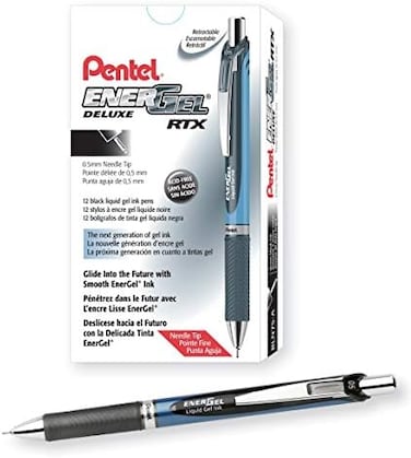 Pentel Energel&trade; Deluxe Rtx Retractable Liquid Gel Pens, Fine Point, 0.5 mm, 54% Recycled, Blue Barrel, Black Ink, Pack Of 12 Pens