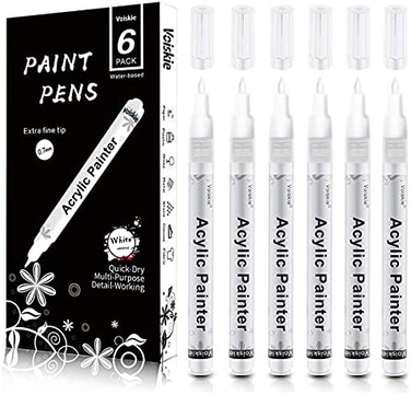 أقلام طلاء بيضاء مكونة من 6 عبوات، قلم تحديد دائم أبيض أكريليك 0.7 مم، أقلام طلاء بيضاء لطلاء الصخور والحجر والسيراميك والزجاج والخشب والبلاستيك والزجاج المعدني، تعتمد على الماء بنقطة دقيقة للغاية