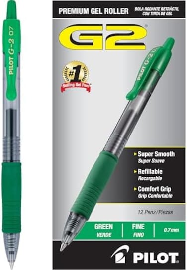 Pilot G2 Premium Refillable &amp; Retractable Rolling Ball Gel Pens, Fine Point, Green Ink, 12-Pack (31025)