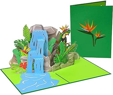 Poplife Tropical Waterfall 3D Pop Up Card For All Occasions - Jungle Birthday Card, For Coworker, For Kids Party, For Teacher - Colorful Surprise - Folds Flat For Mailing - For Mom, For Dad, For Him