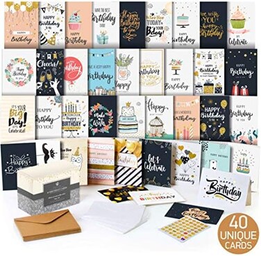 تشكيلة بطاقات عيد ميلاد سعيد - بطاقات عيد ميلاد بكميات كبيرة - مجموعة متنوعة من الصناديق المتنوعة مقاس 5 × 7 مكونة من 40 حزمة تصميمات فريدة مع أظرف - بطاقة عيد ميلاد للرجال والنساء