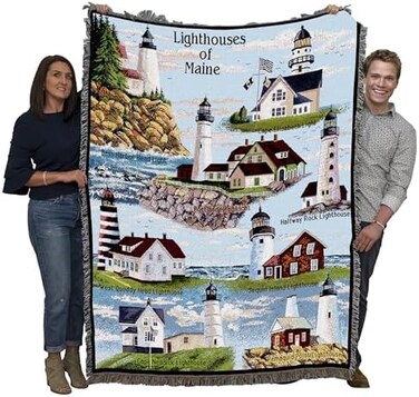 Lighthouses Of Maine Blanket - Bass Harbor Cape Elizabeth Halfway Rock Sequin Neddick West Quoddy Portland Pemaquid - Coastal Ocean Gift Tapestry Throw Woven From Cotton - Made In The Usa (72X54)