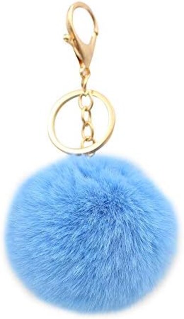 سلسلة مفاتيح لطيفة على شكل حلقة مفاتيح من Real Sic Pom Pom - فرو صناعي للفتيات والنساء هدية محفظة على الظهر، أزرق فاتح، متوسط