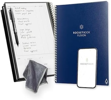 دفتر Rocketbook Fusion الذكي القابل لإعادة الاستخدام - التقويم وقوائم المهام وصفحات قوالب الملاحظات مع قلم Pilot Frixion وقطعة قماش من الألياف الدقيقة متضمنة - حرف غلاف أزرق منتصف الليل
