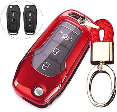 Royalfox(Tm 2 3 Buttons Soft Tpu Flip Remote Key Fob Case Cover For 2015 2016 2017 2018 2019 Ford F150 F250, Focus 3 Escort Kuga Everest Fiesta Mustang Edge Mkv Fusion 2016 Ranger (Red)