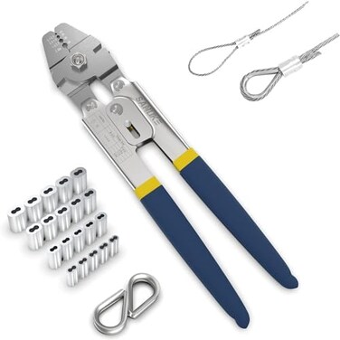 Sanuke Wire Rope Crimping Swaging Tool - Chrome - Up To 2.2mm (2/32Inch) - 160Pcs Aluminum Double Barrel Ferrule Crimping Loop Sleeve &amp; 10Pcs Stainless Steel Thimble Assortment Kit